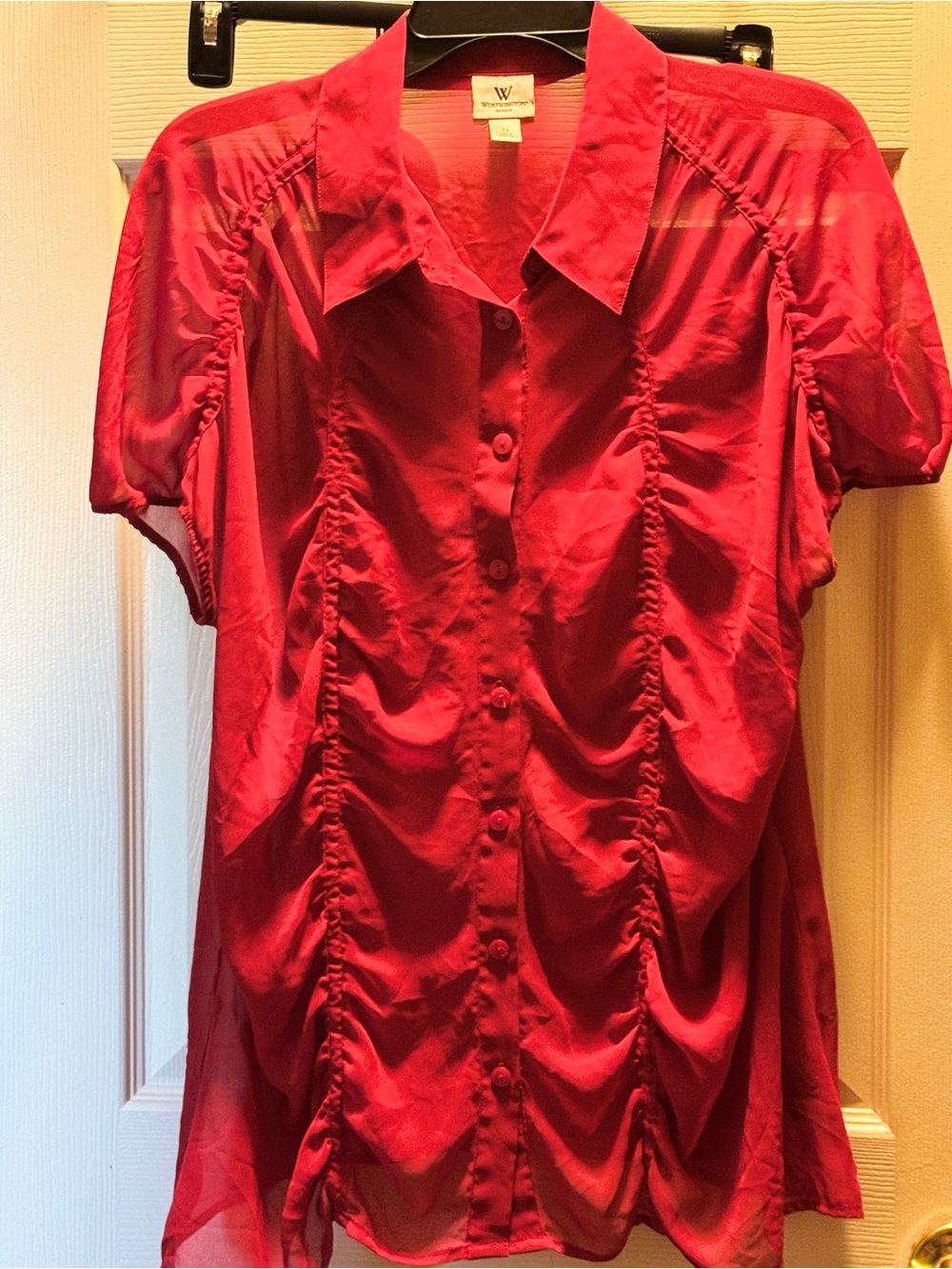 Worthington Red Ruched Short-Sleeve Button Front Top